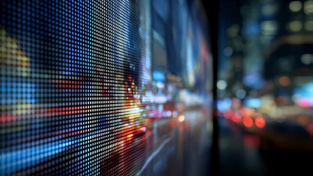 Close medium shot capturing an urban digital art panel with moving cityscapes and light patterns adapting smoothly to mood changes background details softly out of focus.