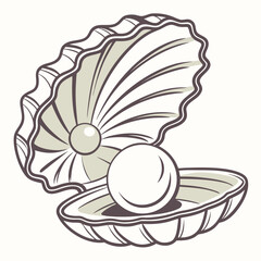 Open seashell with pearl realistic flat style oyster