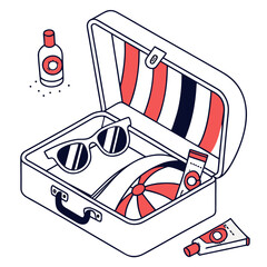 Open suitcase with sunglasses beach ball and sunscreen