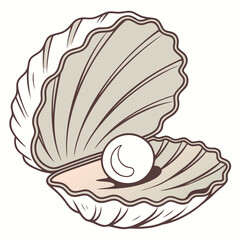 Open Seashell with Pearl Realistic Flat Style white