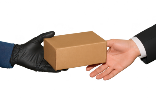 Delivery hands exchanging cardboard box, isolated transparent background.