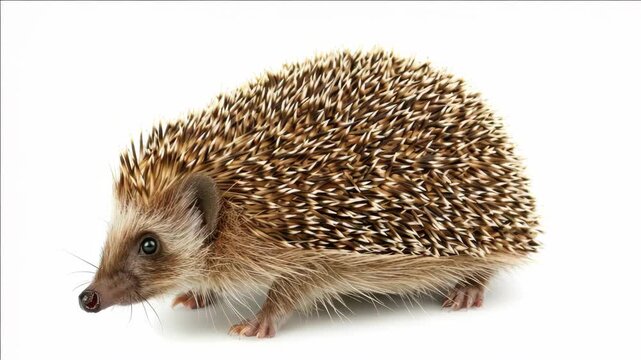 Small brown and black hedgehog with spines facing right.