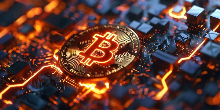 Golden Bitcoin symbol glows on futuristic circuit board with vibrant orange energy lines.