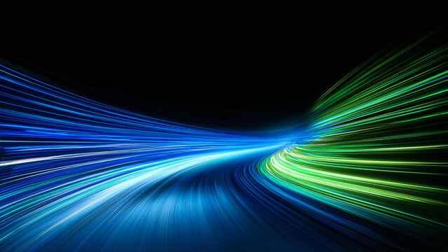 speed motion blur background, blue and green speed light streak wave on black background,colorful light trails in the dark