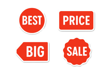 Set of red sale tags vector. Retail stickers for best price, big sale, and special offer. Pricing badges for store discount banner. Shopping and promotion design elements.