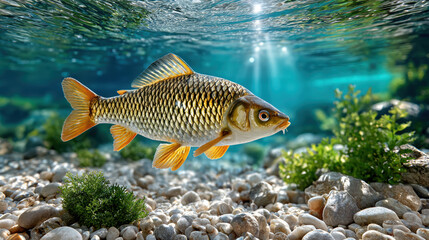 Underwater shot of carp swimming in clear freshwater, lone fish swims in river or lake with sunlit pebbles, wildlife theme