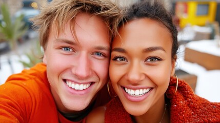 Two young adults, a man and a woman, are smiling broadly at the camera. They appear to be taking a selfie outside in a winter setting with light snow