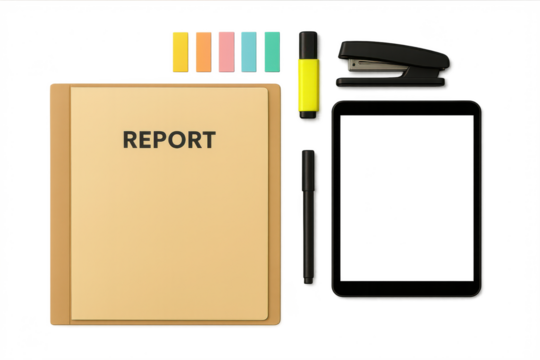 Report folder, tablet, stapler, pens, isolated on transparent background