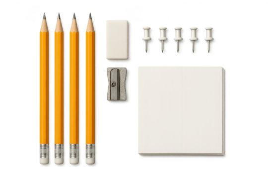 School and office desk stationery isolated on transparent background.