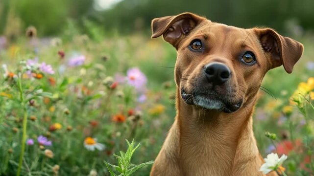 The features a joyful dog in a vibrant field of flowers, conveying a sense of happiness and natural beauty.