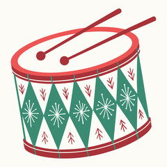 Red and green toy drum with sticks christmas holiday