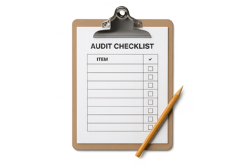 Audit Checklist on clipboard with pencil, isolated on transparent background for business.
