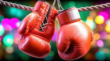 Two bright red boxing gloves are suspended by their laces from a thick rope. Behind them is a blurred background of colorful, out-of-focus lights, like in an arena