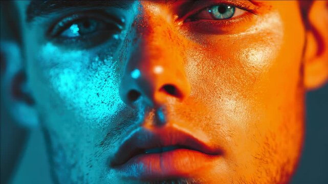 Close-up of a man with bold makeup, colorful glitter and dramatic lighting effects.