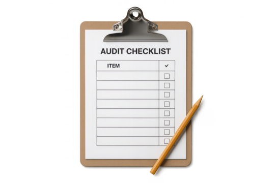 Audit Checklist on clipboard with pencil, isolated on transparent background for business.