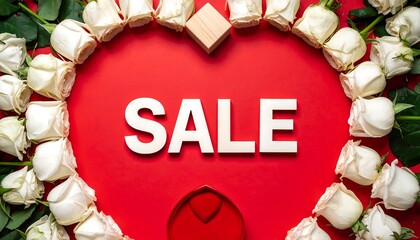 White roses frame a red background with the word "SALE