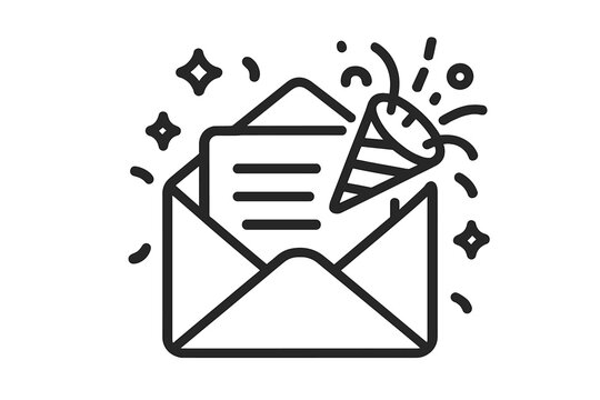 Congratulations message icon. Party popper in open envelope. Invitation, announcement, good news concept. Celebration, event, greeting card vector. Surprise mail illustration.