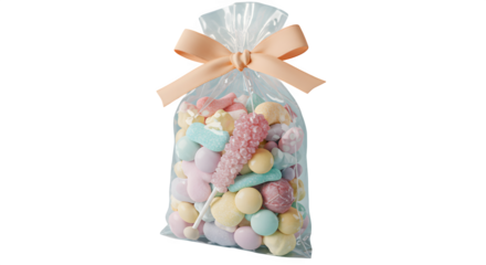 Pastel candies fill a clear bag with peach ribbon against black. Perfect for candy shops, gift displays, sweet treat branding, party favors.