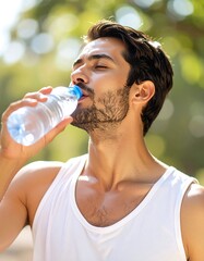 Man drinking water outdoors