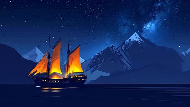 Animated sailing vessel navigating ocean waters under a star filled night