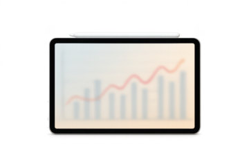 Digital tablet with stylus showing blurred data graph, isolated on transparent.