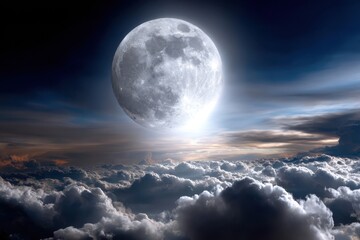 Obraz premium Bright full moon shining over clouds at night sky with dramatic lighting