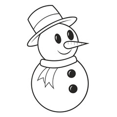 Simple line art snowman head with hat and scarf black and white 3
