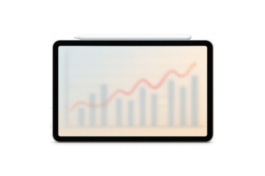 Digital tablet with stylus showing blurred data graph, isolated on transparent.