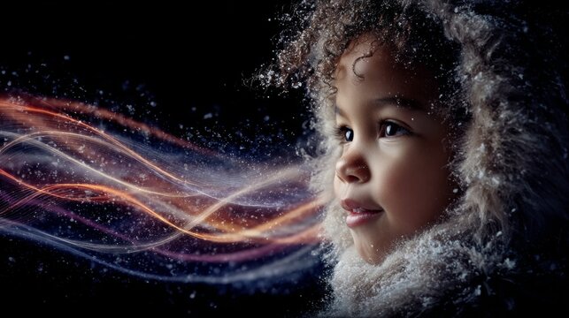 Captivated by winter: a child's heartfelt reaction to snow. Network connectivity. Joyful child in a light blue coat welcomes their first snowfall. Internet networks. High-speed internet.