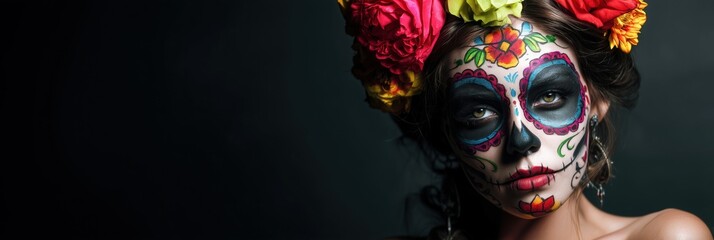 Festive Mexican Heritage: Woman with Colorful Face Tattoos for Dia de los Muertos Banner with Blank Black Copy Space for Text or Design