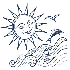 Smiling sun over ocean waves with dolphin and birds