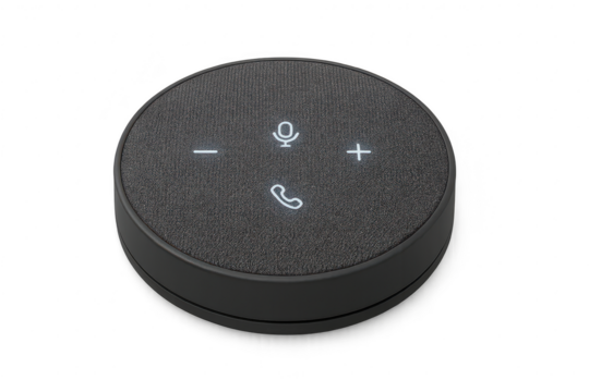 Black speakerphone with illuminated controls isolated, no background