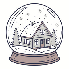 Snow globe with tiny house and winter trees snowflakes