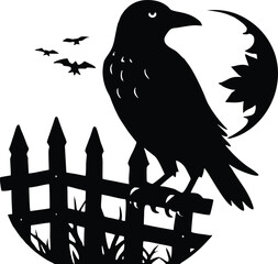 Fototapeta premium Black Raven On Spooky Fence Post Silhouette