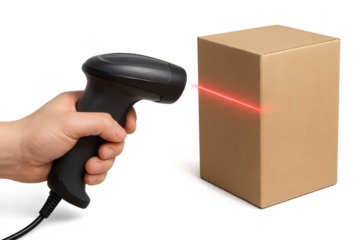 Isolated subject: Hand scanning cardboard box with barcode scanner.