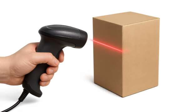 Isolated subject: Hand scanning cardboard box with barcode scanner.