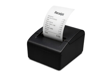 Compact black receipt printer printing a receipt, isolated on transparent background