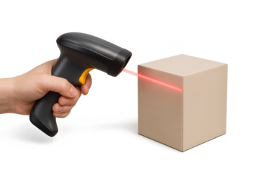 Transparent background: Hand scanning a cardboard box with barcode reader