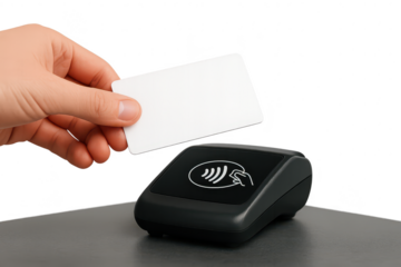 Hand tapping blank contactless payment card on terminal, isolated on transparent background