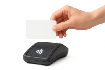 Hand holding blank card over NFC reader, isolated on transparent background