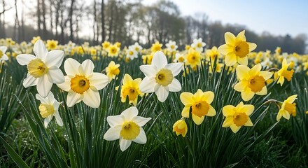 Field of Daffodils in Full Bloom on a Sunny Day.