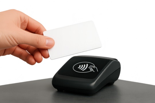 Hand tapping blank contactless payment card on terminal, isolated on transparent background