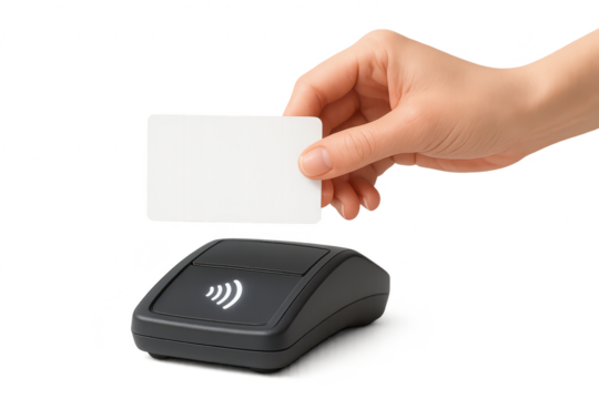 Hand holding blank card over NFC reader, isolated on transparent background
