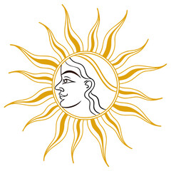 Sun face graphic with radiating yellow lines gold