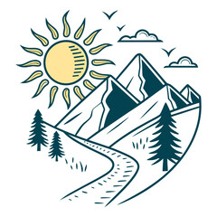 Sun over mountains with winding road and pine trees