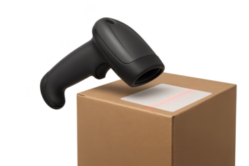 Modern black barcode scanner scanning a package on a transparent background
