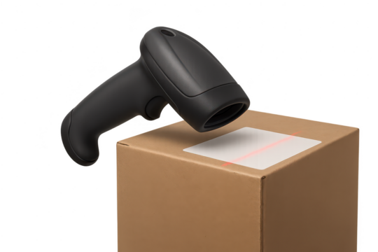 Modern black barcode scanner scanning a package on a transparent background