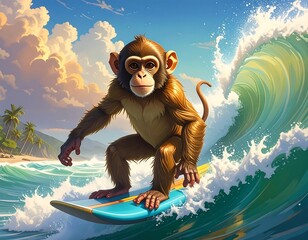 A Playful Monkey Surfing the Waves on a Sunny Beach with a Beautiful Ocean