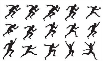Dynamic male athlete in various running poses athletic figure in motion isolated on transparent background