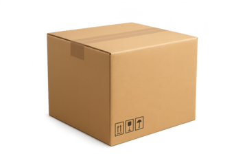 Cardboard shipping box with symbols isolated on transparent background